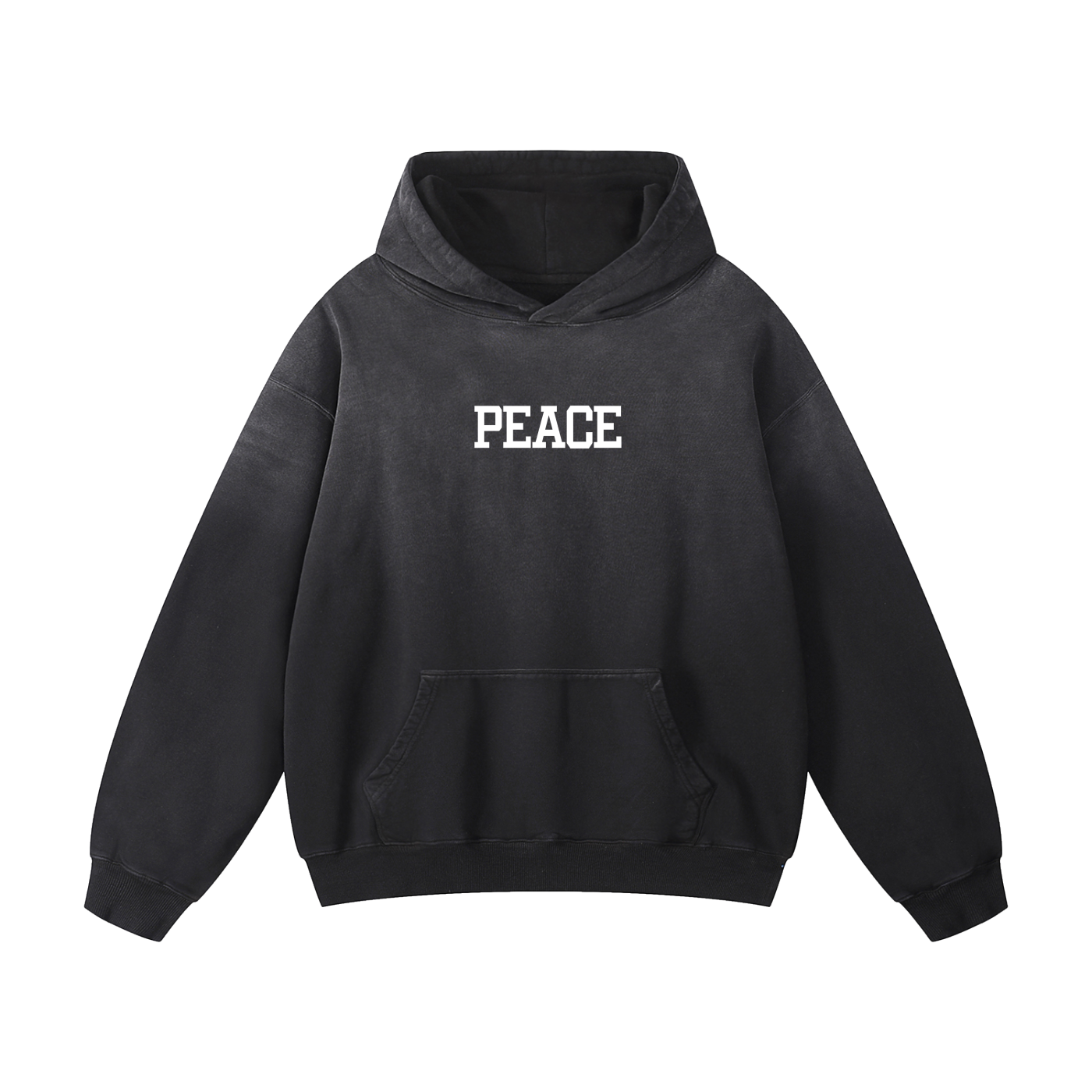 Premium black hoodie with a minimalist white "PEACE" script graphic on 100% heavyweight cotton.