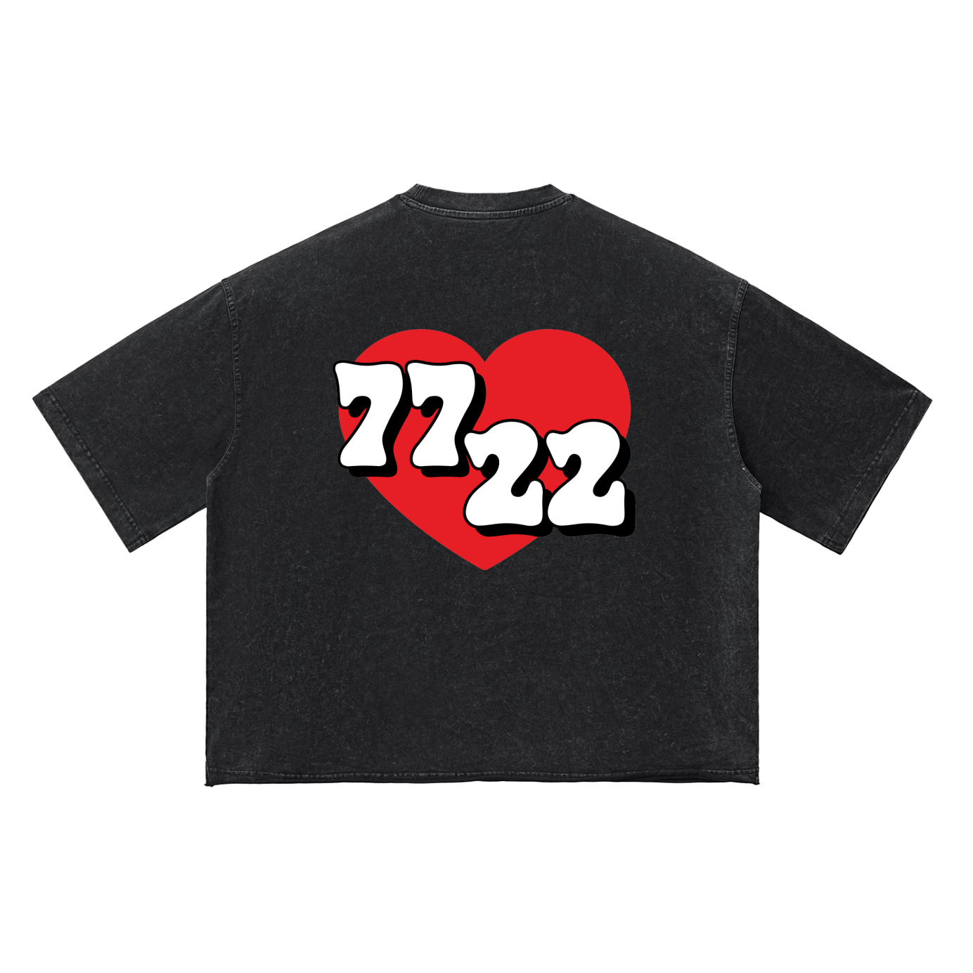 Black t-shirt with a red heart and numbers 7722 on the back against a white background