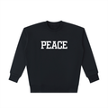 Unisex black boxy-fit crewneck in 100% heavyweight cotton with a white block-letter "PEACE" graphic across the chest.