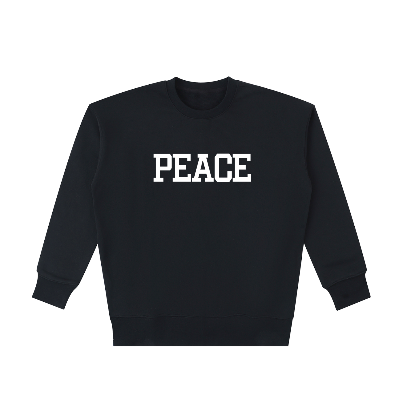 Unisex black boxy-fit crewneck in 100% heavyweight cotton with a white block-letter "PEACE" graphic across the chest.