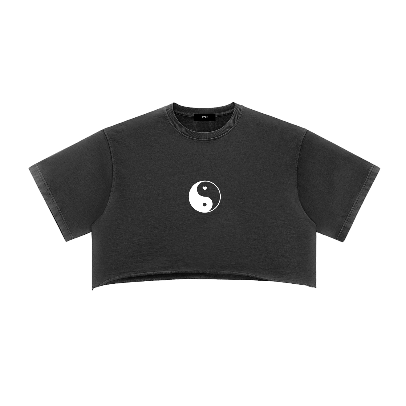Raw edge black crop top with a snow-washed finish featuring a white Yin Yang graphic centered on the chest.