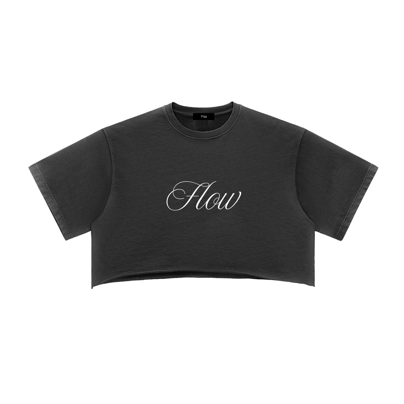 Vintage-style snow-washed black 100% cotton crop top with a raw edge hem and "Flow" script graphic.