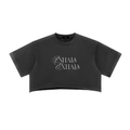 Snow-washed black boxy crop top with a raw edge hem featuring an elegant "Inhala Exhala" script graphic.