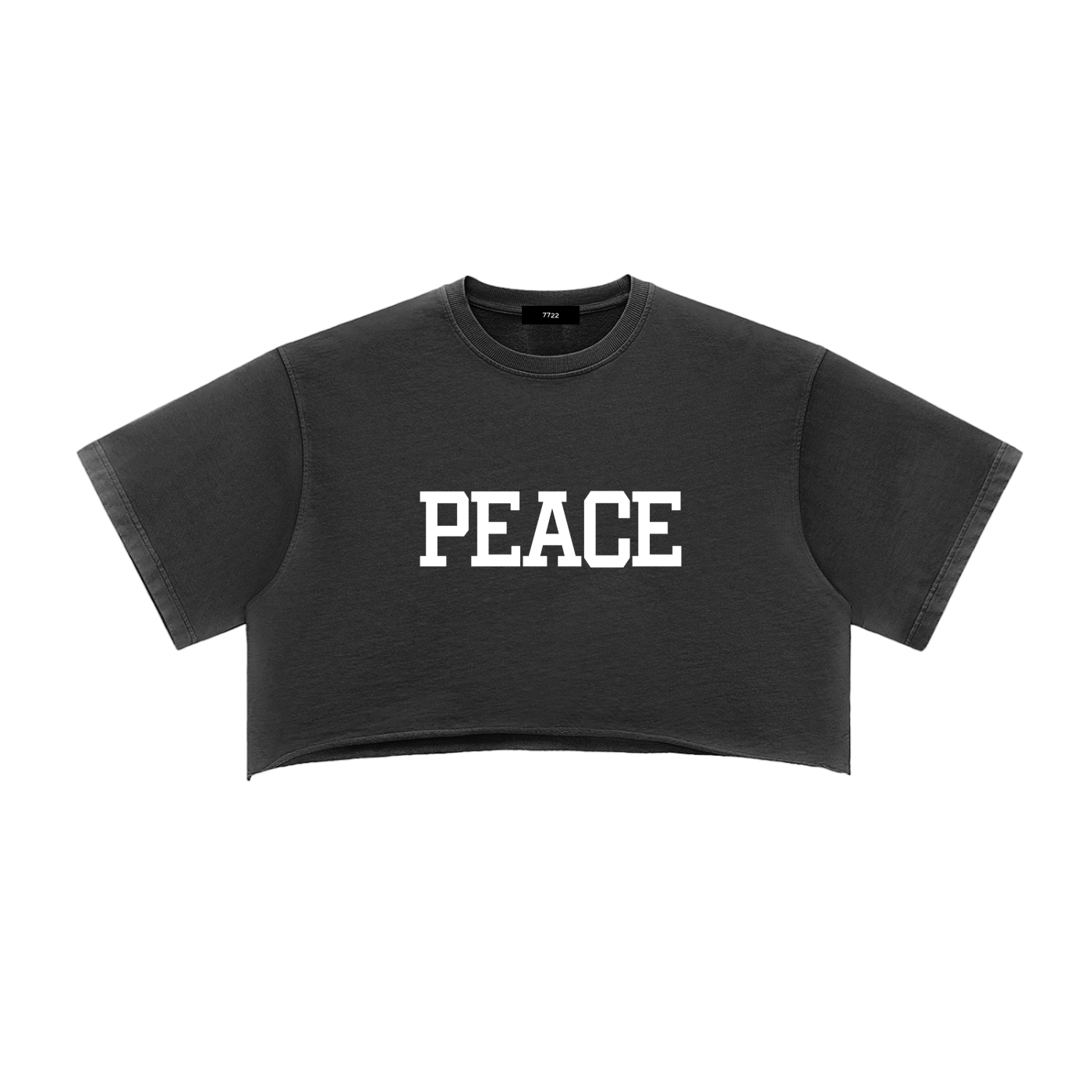Front view of a black snow-washed 100% cotton crop top with a raw edge hem and a centered white "PEACE" graphic in a minimalist block font.