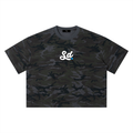 Black camouflage t-shirt with white symbol on a white background