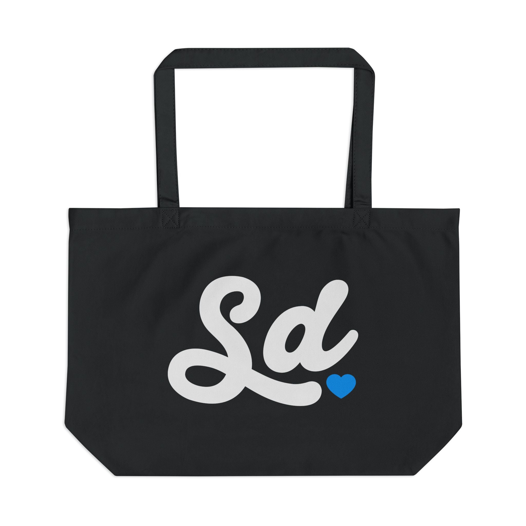 Black tote bag with white and blue design on a white background