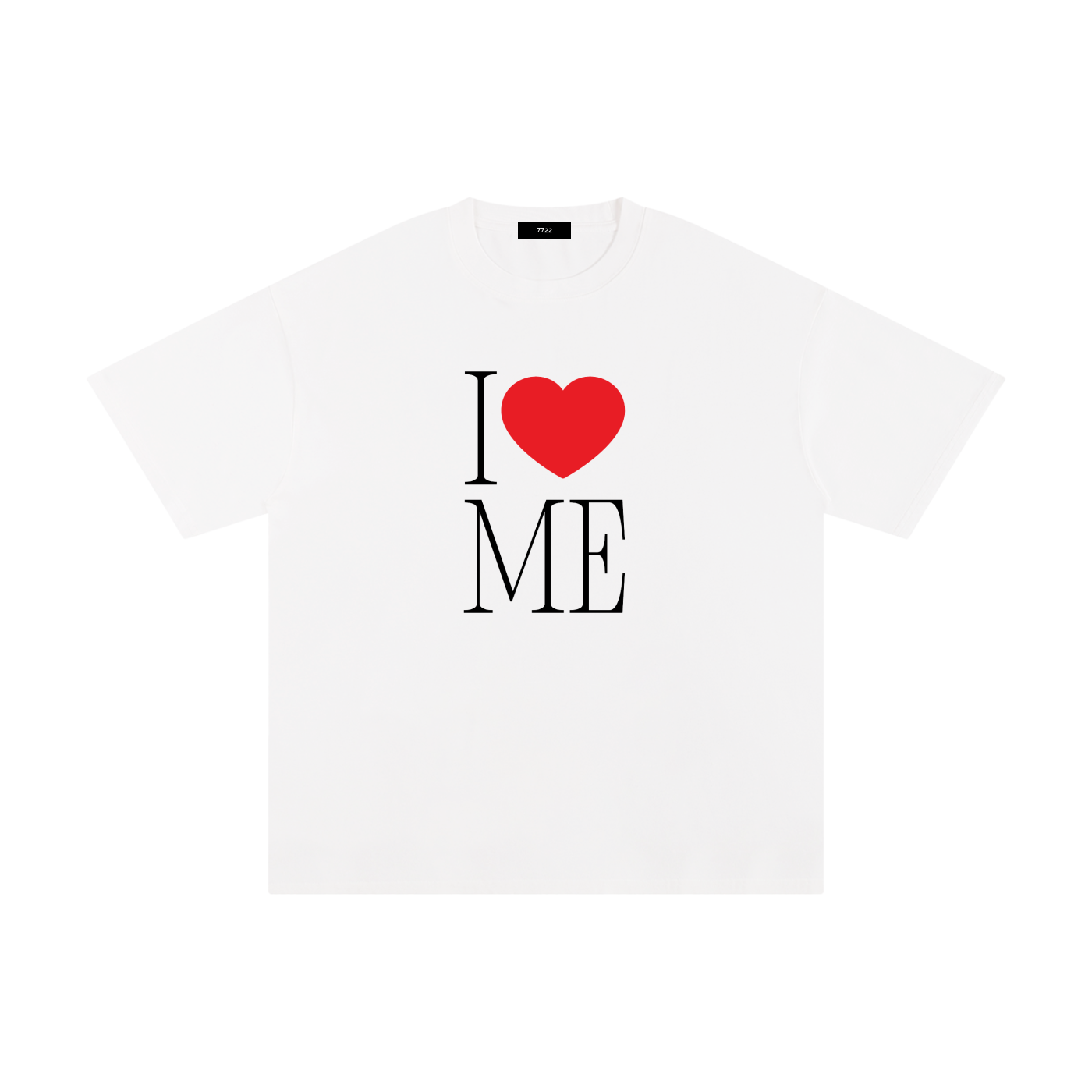 Unisex white 100% cotton tee featuring a large red heart and black "I ME" typography.