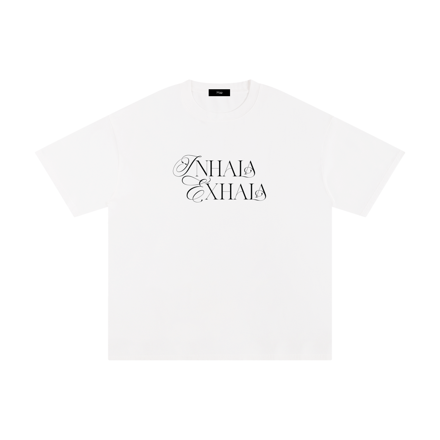Unisex white 100% cotton tee with an elegant black "Inhala Exhala" script graphic on the chest.