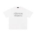 Unisex white 100% cotton tee with an elegant black "Kindness Happens" script graphic.