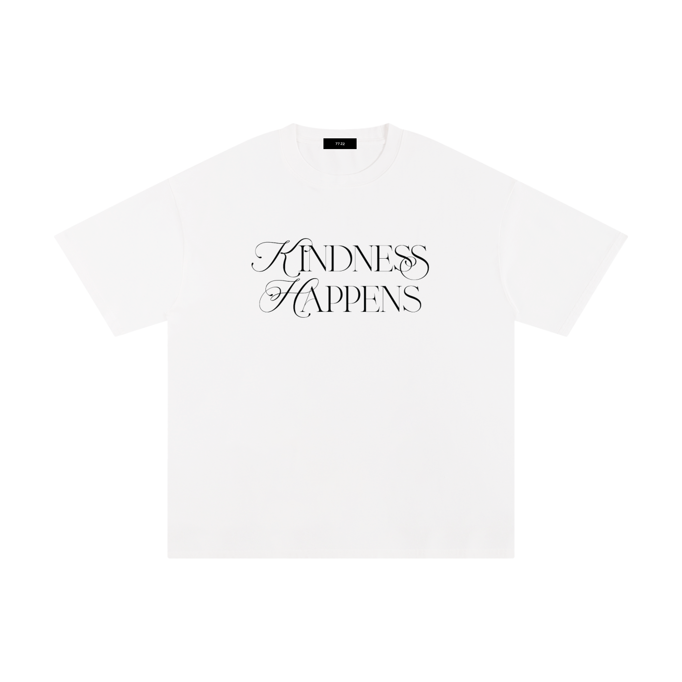 Unisex white 100% cotton tee with an elegant black "Kindness Happens" script graphic.