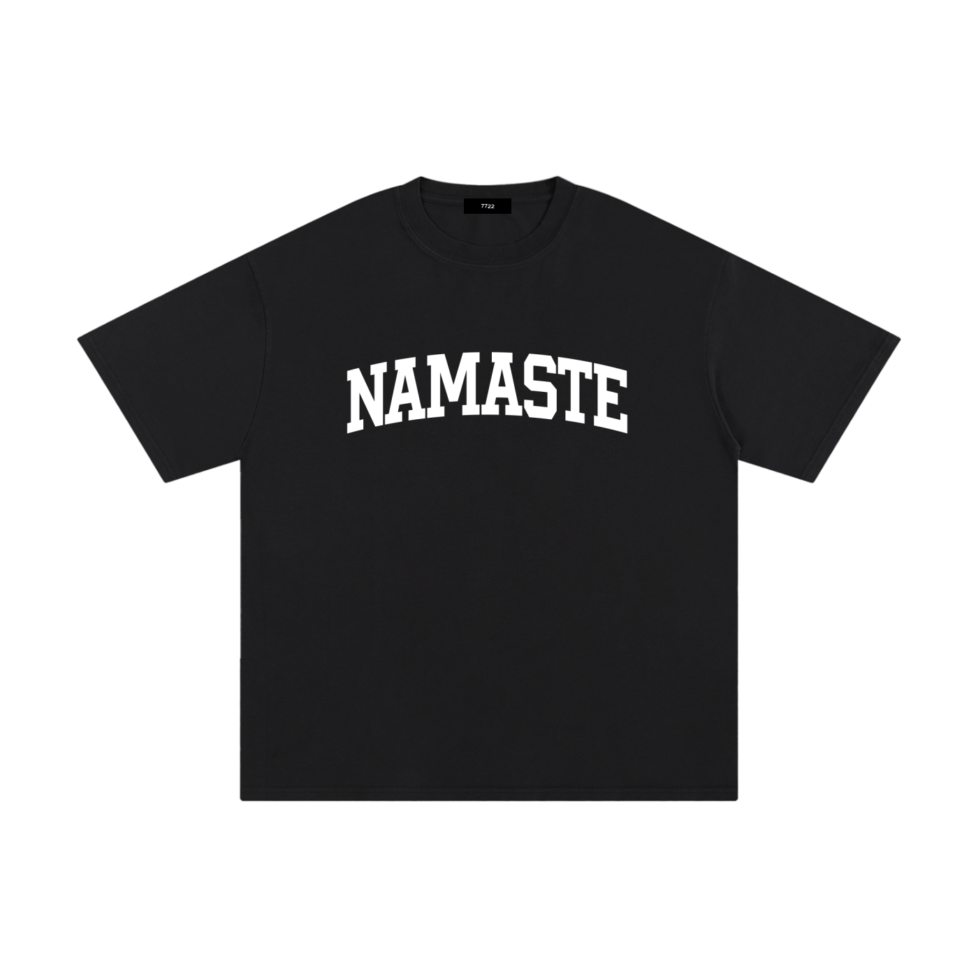 Unisex black 100% cotton tee featuring "NAMASTE" arched in white varsity-style lettering.