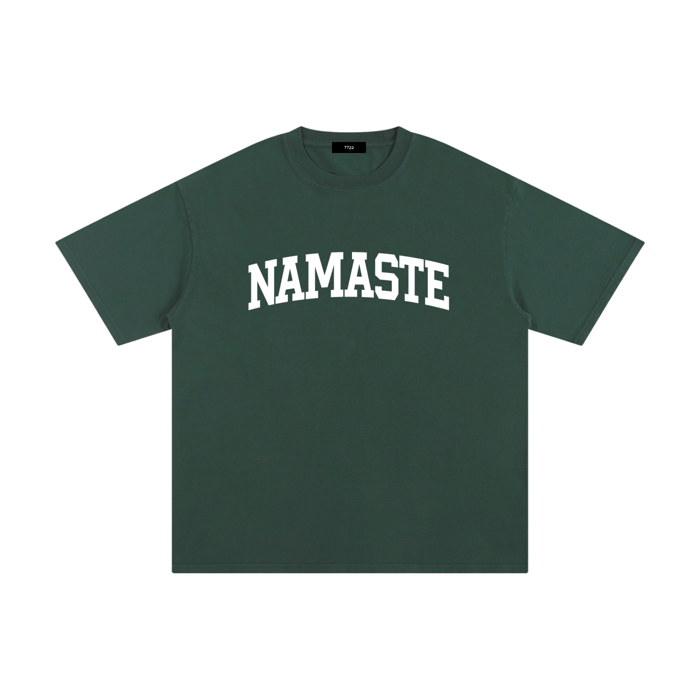 Unisex forest green 100% cotton tee featuring "NAMASTE" arched in white varsity-style lettering.
