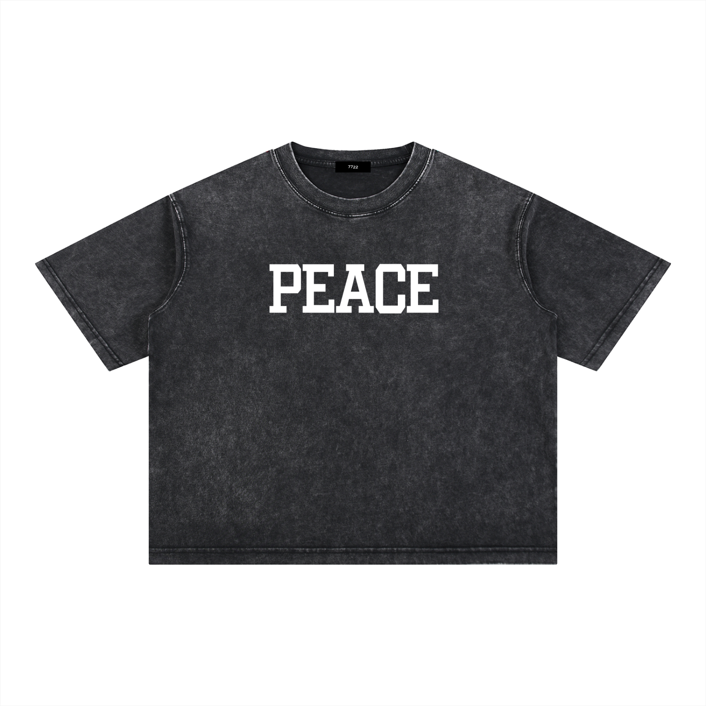 Unisex boxy-fit 100% cotton tee in a dark mineral wash with a centered white "PEACE" block-letter graphic.