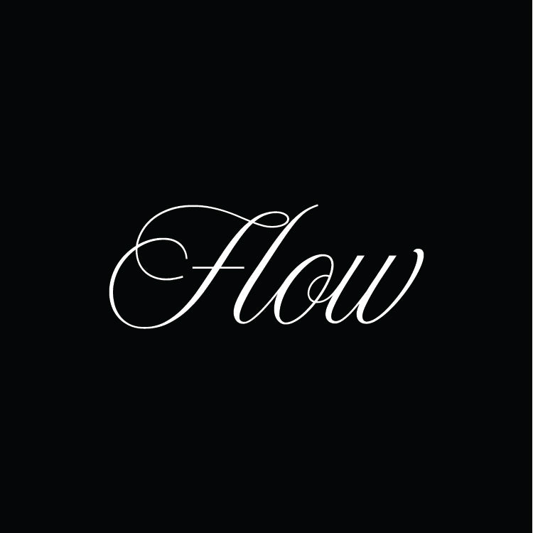 The word 'Flow' written in cursive on a black background