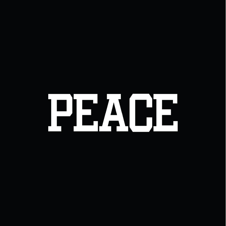 White 'PEACE' text on a black background