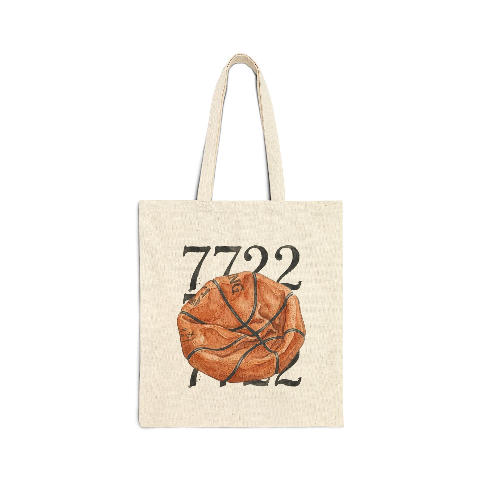 Tote bag with a basketball design and number 7722 on a white background