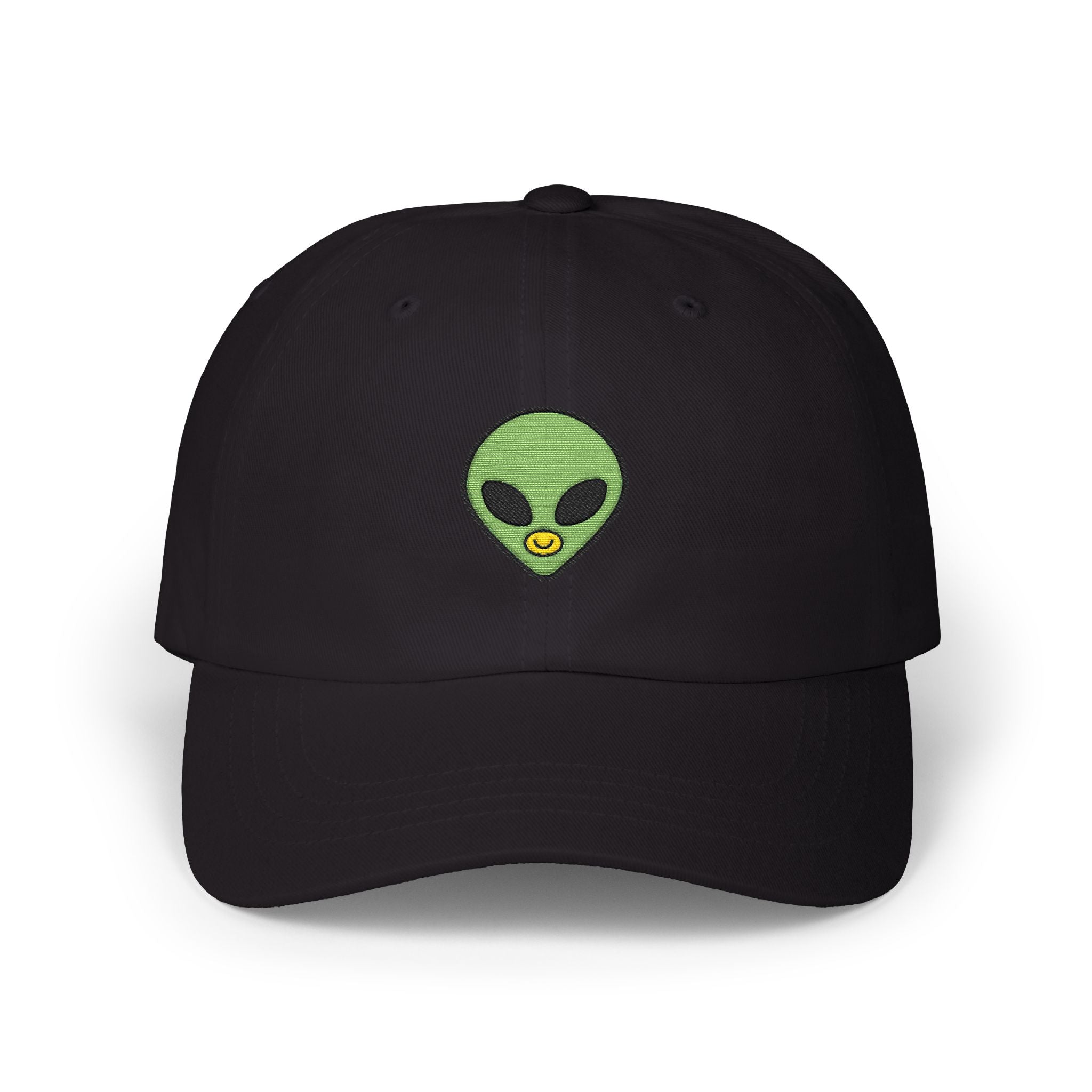 Black cap with a green embroidered alien on a white background