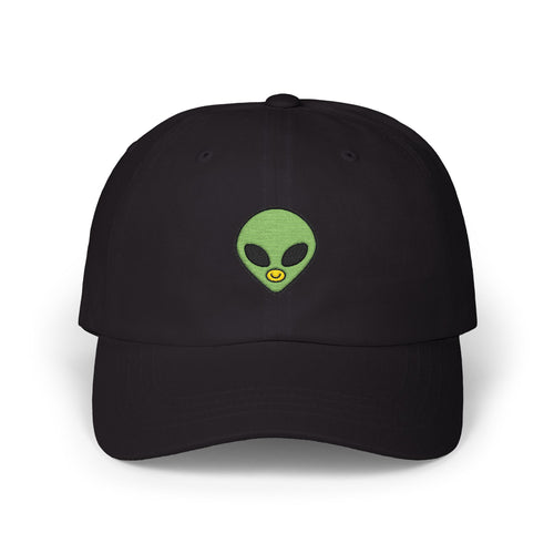 Black cap with a green embroidered alien on a white background