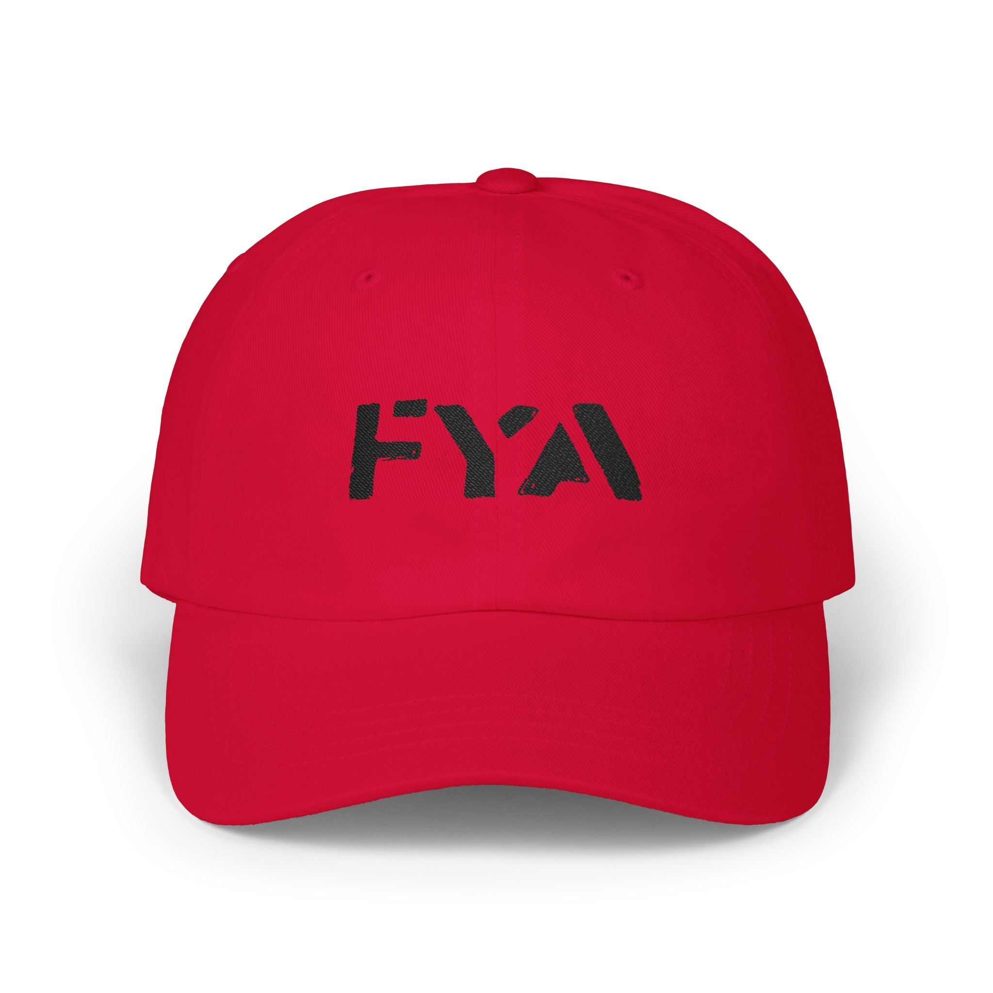 Red cap with 'FYA' logo on a white background