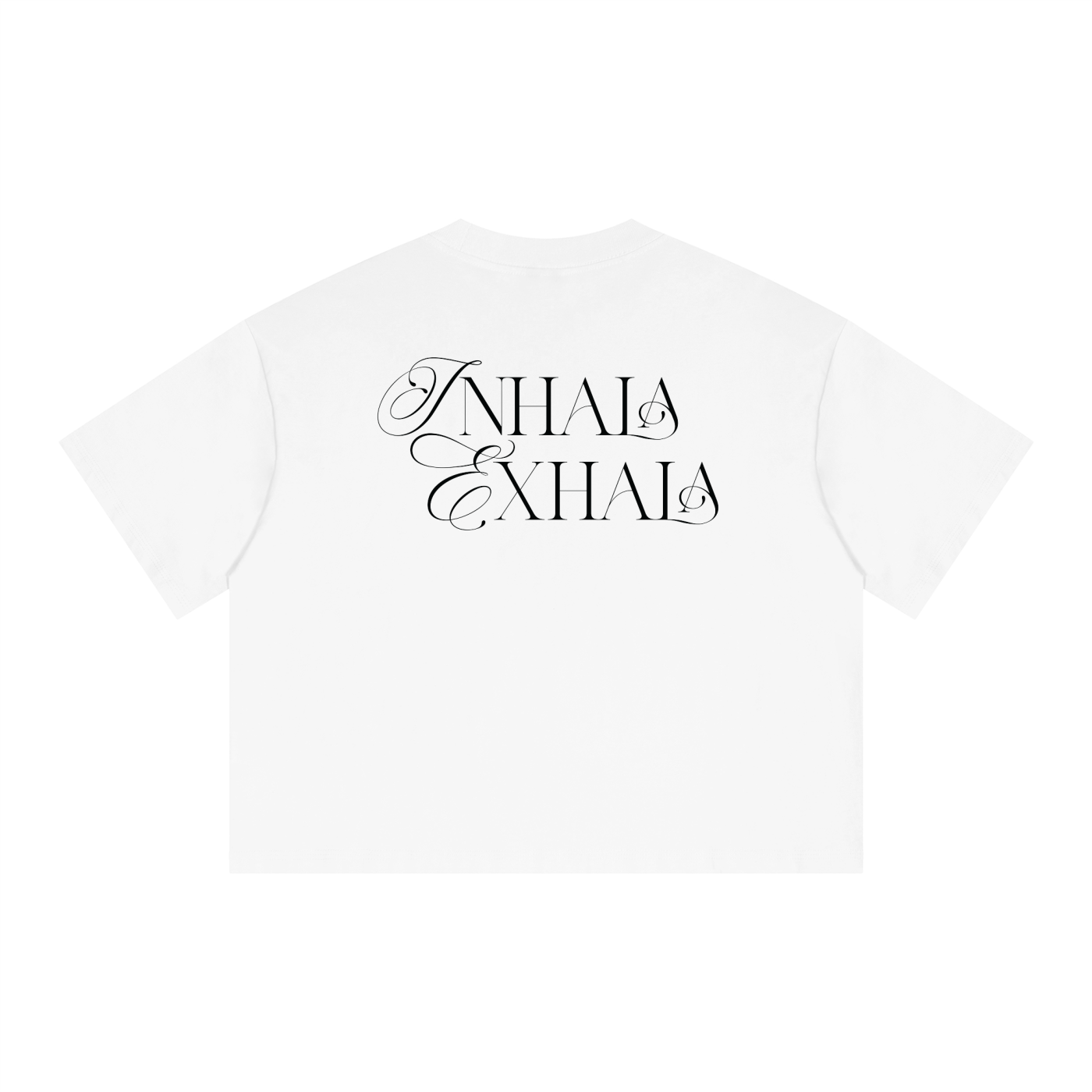 A white short-sleeve t-shirt with the words 'INHALA EXHALA' printed in black cursive script across the chest, displayed on a clean white background.