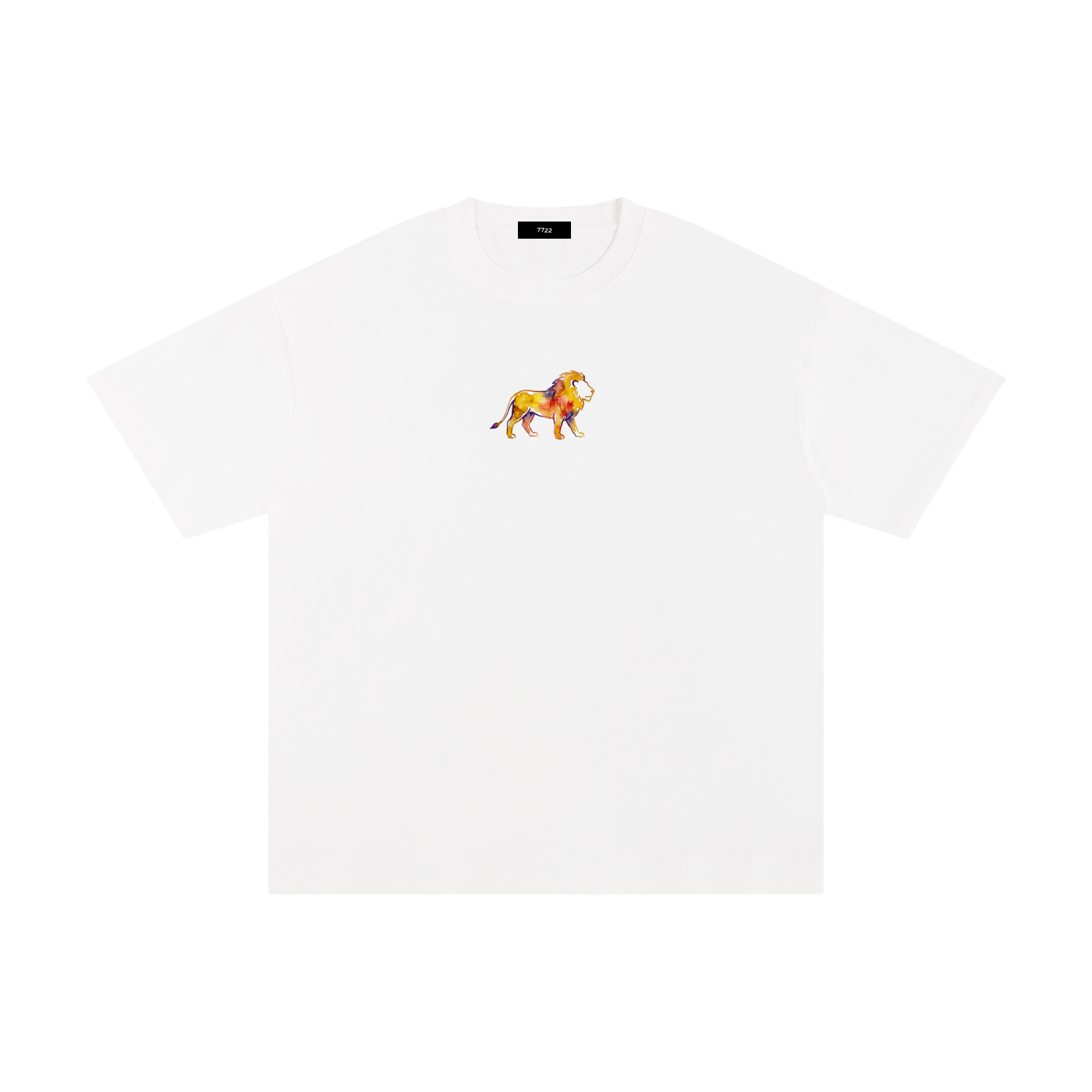 White t-shirt with a small lion emblem on a white background