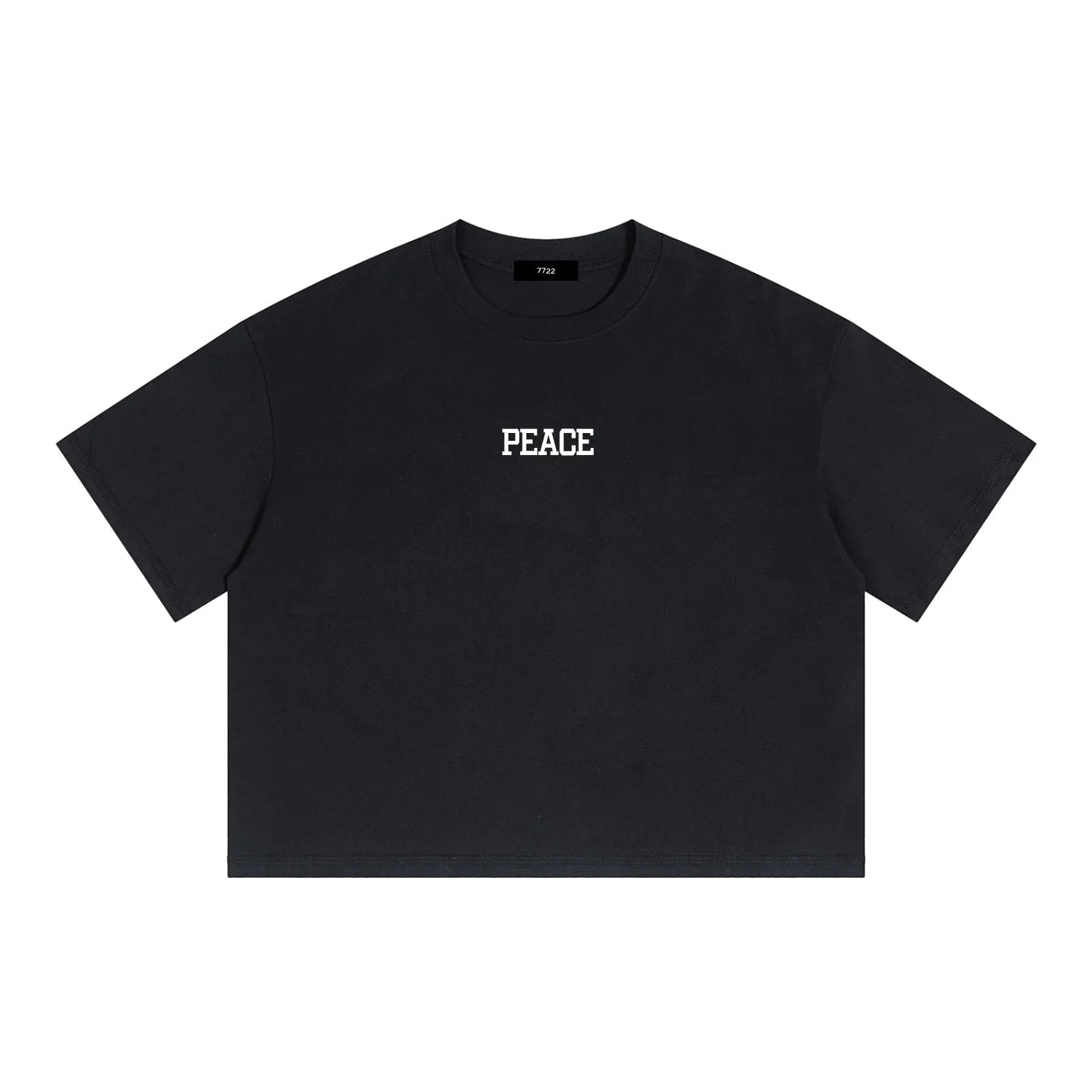 A black short-sleeve crewneck t-shirt with the word 'PEACE' printed in white block letters across the chest, displayed flat against a solid white background.